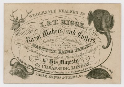 I & T Rigge, Razor Makers and Cutlers, Trade Card by English School