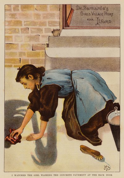 I watched the girl washing the concrete pavement at the back door by English School