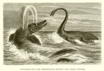 Ichthyosaurus and Plesiosaurus, Oolitic and Liassic System by English School