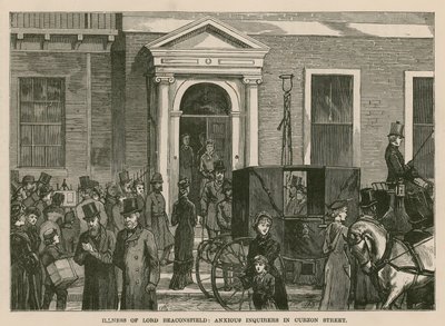 Illness of Lord Beaconsfield: anxious inquirers in Curzon Street, London by English School