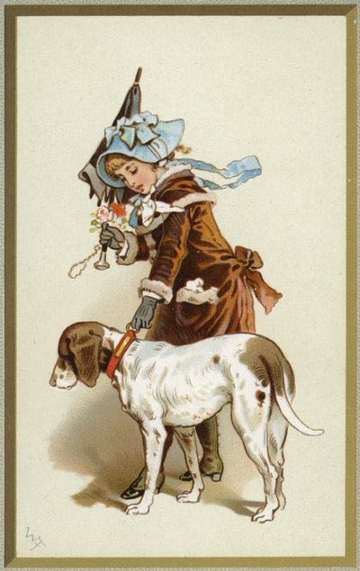 Illustration Depicting a Young Girl Walking a Dog by English School