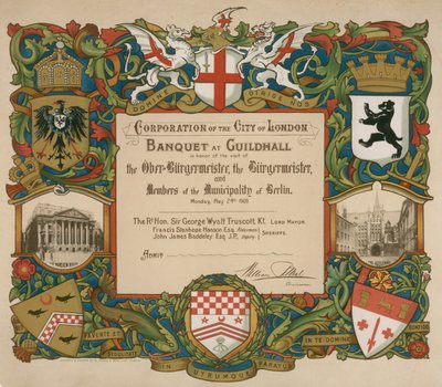 Invitation by the Corporation of London to a Banquet at Guildhall, 24 May 1909 by English School