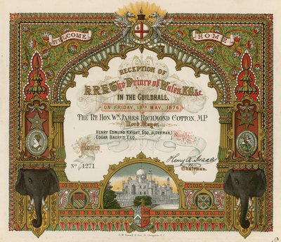 Invitation to the Reception of HRH The Prince of Wales at the Guildhall, London, on 19 May 1876 by English School