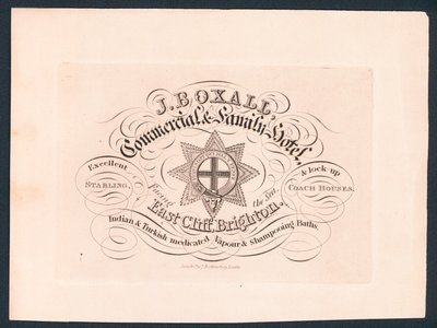 J Boxall, commercial and family hotel, trade card by English School