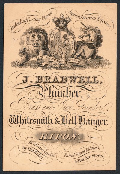 J Bradwell, plumber, brass and iron founder, whitesmith and bell hanger, trade card by English School