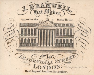 J Branwell, Hat Maker, 146 Leadenhall Street, Trade Card by English School