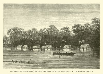 Jangadas (Raft-Houses) of the Pamarys on Lake Ajarahan, with Mission Launch by English School