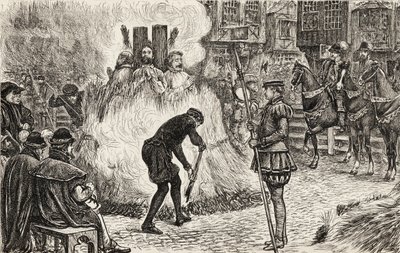 John Bland, John Frankesh, Nicholas Sheterden and Humphrey Middleton Burnt Alive for Heresy in the 16th Century, c.1865 by English School