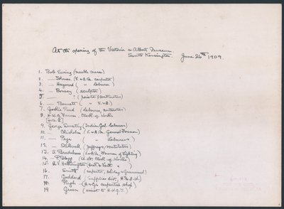 Key to a photo of a group of workmen who presented the address to King Edward VII at the opening of the Victoria and Albert Museum by English School