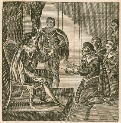 King Charles I receiving a petition from the Commons to assign them the power of levying armies by English School