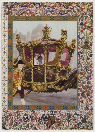 King George V and Queen Mary riding in the State Coach by English School