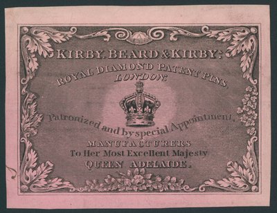 Kirby, Beard and Kirby, Royal Diamond Patent Pins, Trade Card by English School