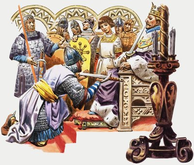 Knight Kneeling Before King by English School