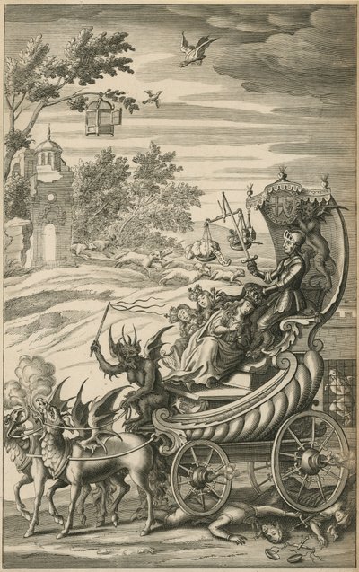 Knight protecting queen and children riding over liberty by English School
