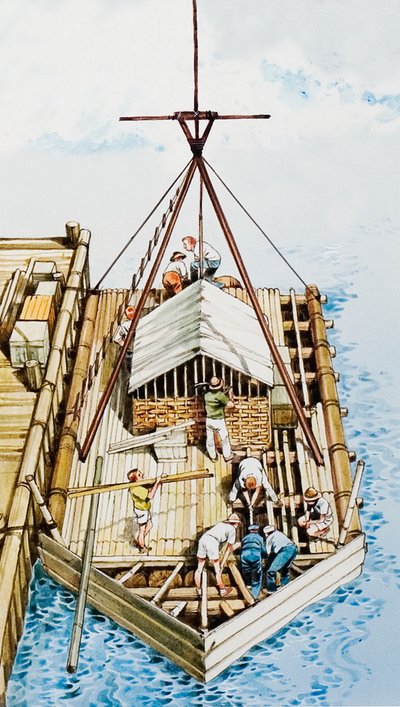 Kon-Tiki being constructed from balsa wood by English School