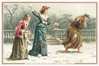 Ladies throwing snowballs at old man by English School