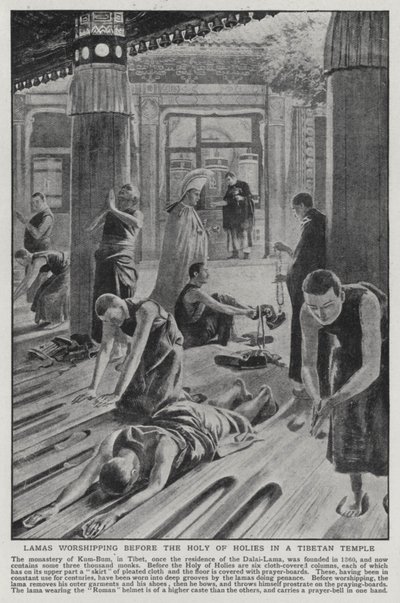 Lamas worshipping before the Holy of the Holies in a Tibetan temple (litho) by English School