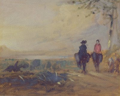 Landscape with Lake and Two Figures Riding by English School