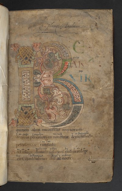 Large initial with beast-head terminals, interlace and foliate decoration in pink, orange, yellow, green and blue by English School