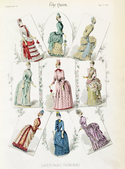 Latest Paris Fashions, Nine Day Dresses in a Fashion Plate from a Supplement to The Queen, May 1885 by English School