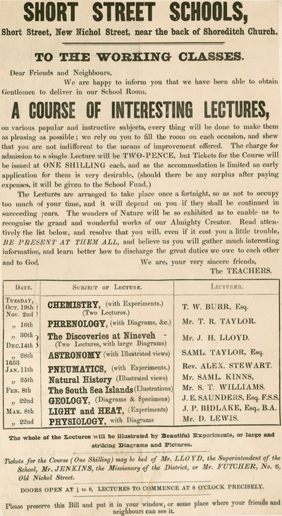 Leaflet Advertising a Course of Lectures for the Working Classes by English School