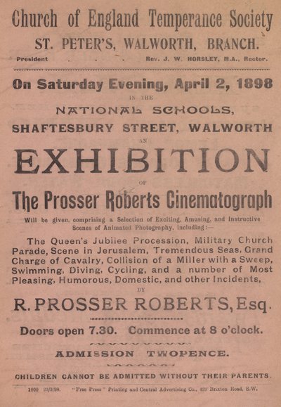 Leaflet Advertising an Exhibition of the Prosser Roberts Cinematograph by English School