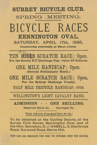 Leaflet Advertising Bicycle Races at Kennington Oval, 17 April 1886 by English School