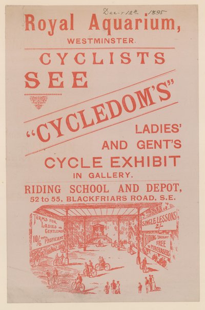 Leaflet Advertising the Cycledoms Ladies and Gents Cycle Exhibit at the Royal Aquarium by English School