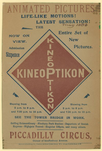 Leaflet Advertising the Kineoptikon, Piccadilly Circus by English School
