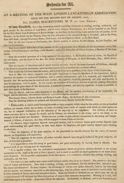 Leaflet Explaining a Resolution of the West London Lancasterian Association to Begin Providing Instruction to Children, August 1813 by English School