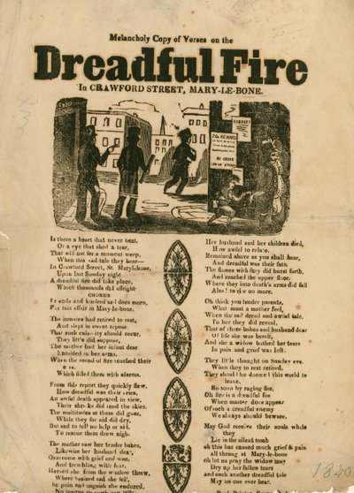 Leaflet with verse relating to a fire in Crawford Street, Marylebone, London by English School