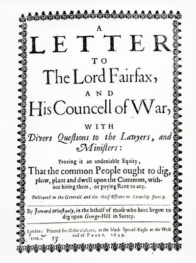 Letter to Lord Fairfax from Gerrard Winstanley on behalf of the Diggers at St. George Hill, Surrey, printed 1649 by English School