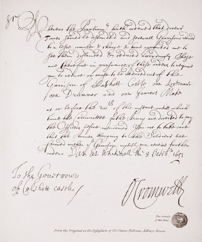 Letter to the Governor of Calshott Castle from Oliver Cromwell, 1651, facsimile from the original in the possession of Sir James Fellowes, Adbury House by English School