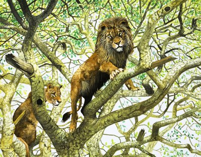 Lion and Lioness in a Tree by English School