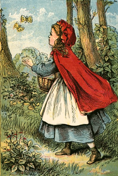 Little Red Riding Hood catching butterflies by English School