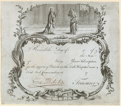 Lock Hospital, Hyde Park Hospital. Donation Slip by English School