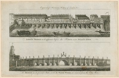 London Bridge Before the Houses Were Pulled Down, and in Its Present State by English School