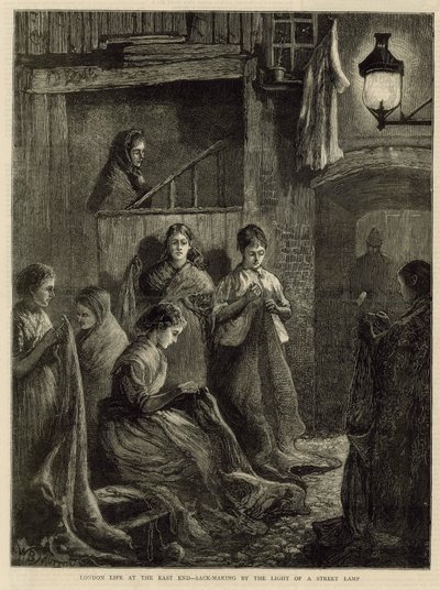 London Life at the East End - Sack-Making by the Light of a Street Lamp by English School