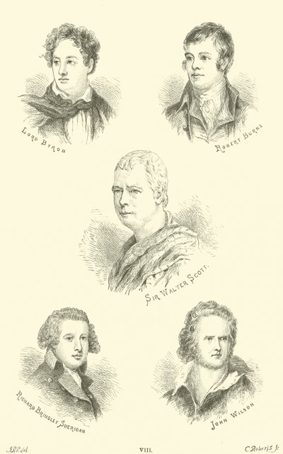 Lord Byron, Robert Burns, Sir Walter Scott, Richard Brinsley Sheridan, John Wilson by English School