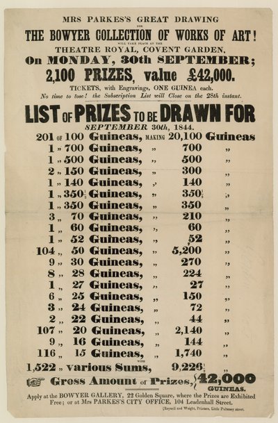 Lottery Advertisement. The Bowyer Collection of Works of Art by English School