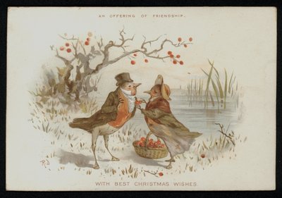 Male and female robins in costume. Christmas greetings card by English School