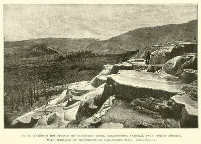 Mammoth hot springs of Gardiners River, Yellowstone National Park, North America, with terraces of Travertine or Calcareous Tufa by English School