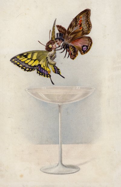 Man and Woman as Butterflies Hovering Above a Glass of Champagne by English School