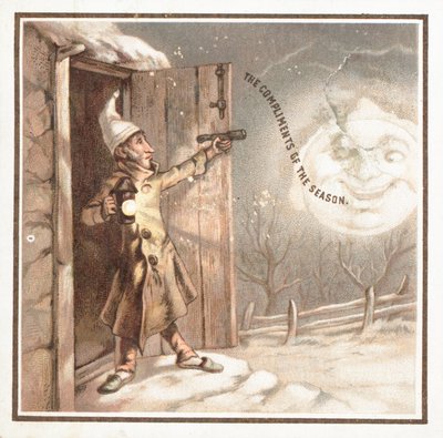 Man holding gun to moon, Christmas Card by English School