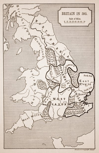 Map of Britain in 593, printed by Stanfords Geographical Establishment by English School
