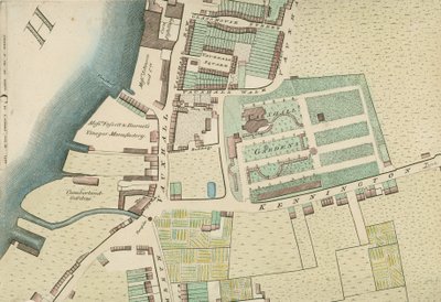 Map, showing the location of Vauxhall Gardens, London by English School