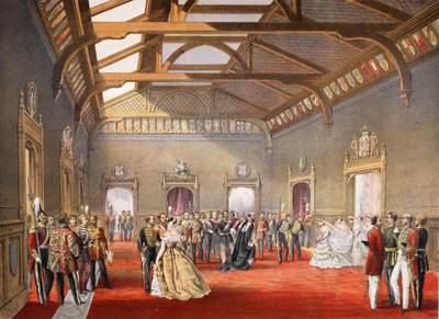 Marshalling the procession of the Bride in the central hall of the temporary apartments, from A Memorial of the Marriage of Edward VII and Alexandra of Denmark by English School