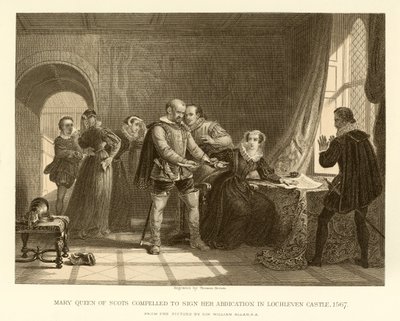 Mary Queen of Scots Compelled to Sign Her Abdication in Lochleven Castle by English School