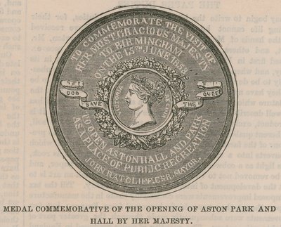 Medal Commemorative of the Opening of Aston Park and Hall by Her Majesty by English School