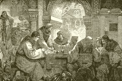 Medieval Culture--Monks in a Convent Illuminating and Transcribing Books by English School